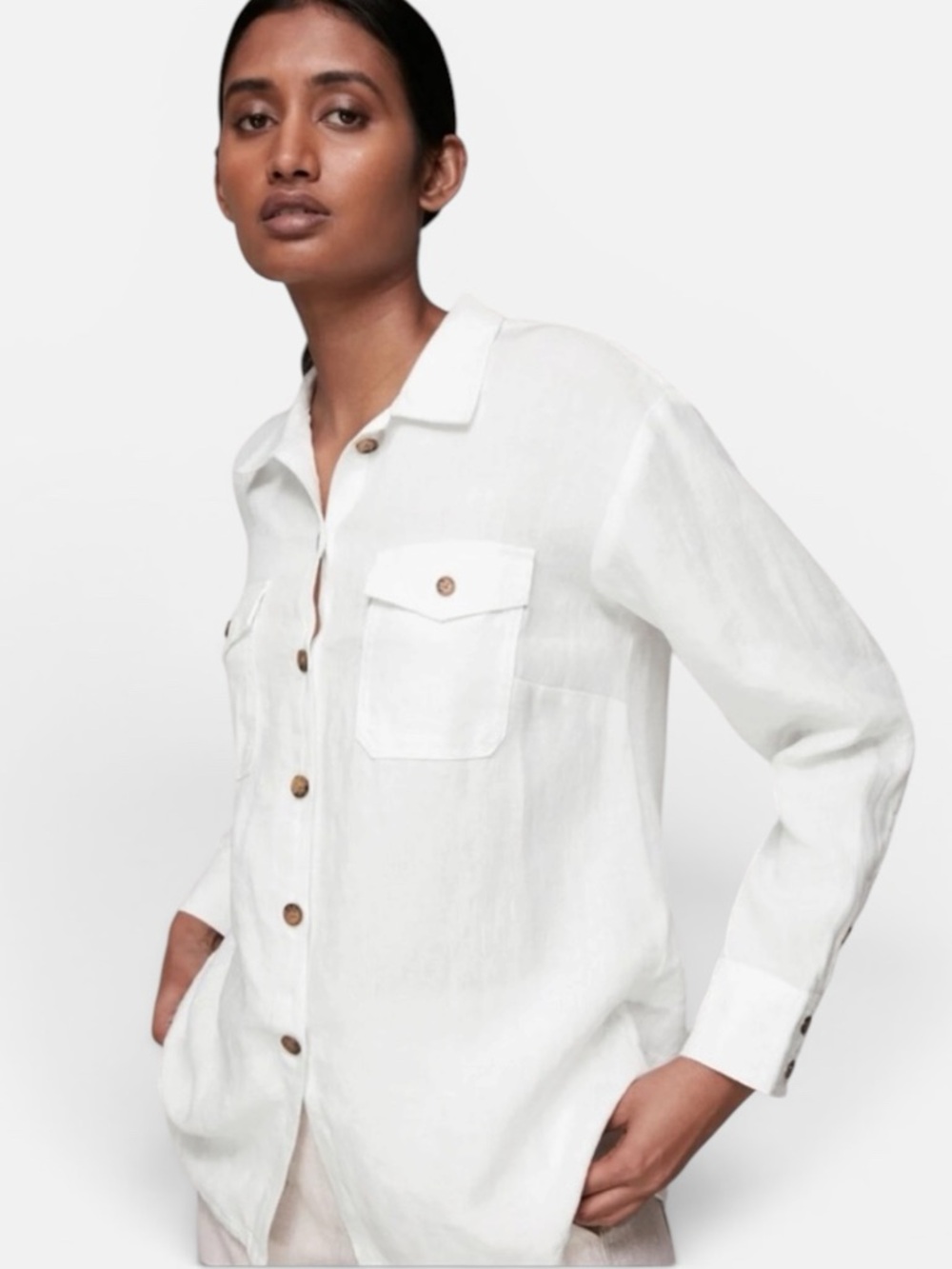 GoSilk Pure Linen Crisp White Tailored Safari Style Luxury Button Down Shirt